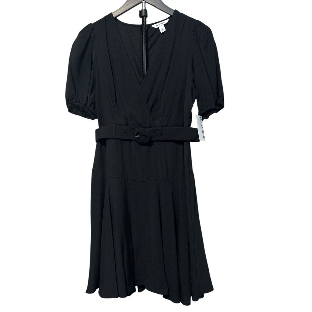 Nine West Women's Black Wrap Midi Dress with Belt Puff Sleeve Size Small